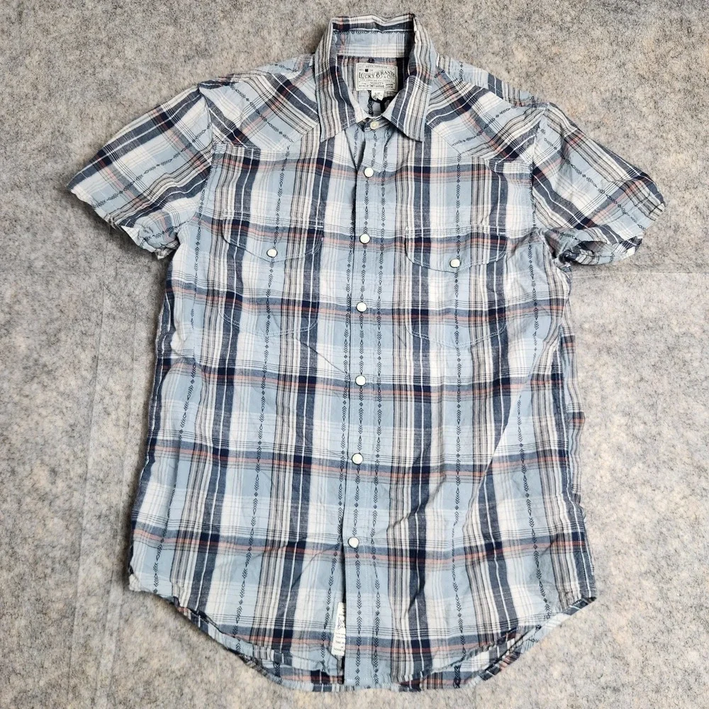Lucky Brand Pearl Snap Western Shirt Men S Blue Scotch Plaid Short Sleeve Button